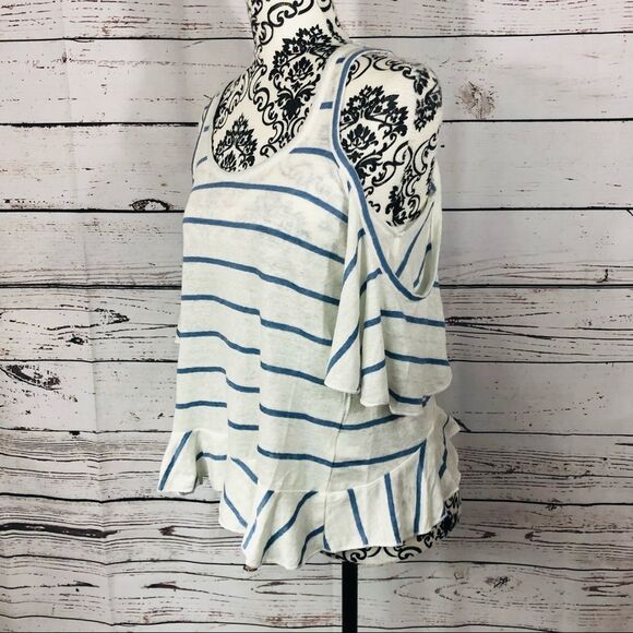 CHASER Striped Linen Cold Shoulder Ruffle Crossover Back Top Shirt White Blue XS - Picture 8 of 10